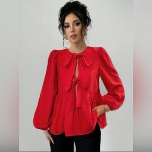 Raffinéa FrenchTie Cute Babydoll Shirt w/Bow Lantern Puff Sleeves Red Reversible